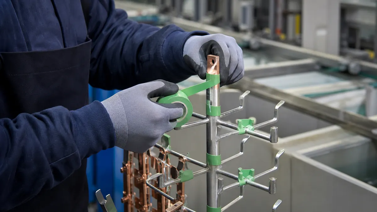 Technician applying green PET silicone tape around selected no-plate zones on an electroplating rack contact